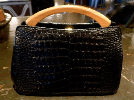 Black Alligator Handbag with Wood Handle