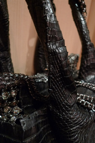 Clara Kasavina Black Crocodile Purse with Crystal Mesh and Frame