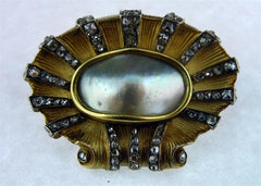 Antique Blister Pearl and Diamond Brooch in 18K Yellow Gold