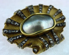 Antique Blister Pearl and Diamond Brooch in 18K Yellow Gold