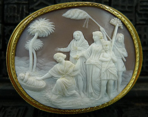 Estate Cameo Pin/ Brooch Depicting Moses as Baby on Nile 18K Yellow Gold