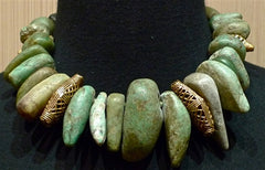 Cipango of Paris Green Rock Tribal "Flintstone" Necklace/Collar with Brass Beads with 24K Gold Vermeil