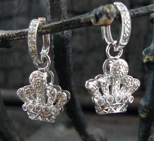 14K White Gold and Diamond Crown Huggie Earrings