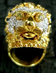 Estate 18K Yellow Gold Lion Head Ring with Sapphires and Diamonds