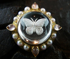 Paula Crevoshay Butterfly Brooch/Pin with Crystal, Rose Quartz and Pearls in 18K Yellow Gold