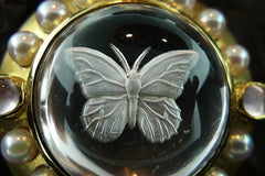Paula Crevoshay Butterfly Brooch/Pin with Crystal, Rose Quartz and Pearls in 18K Yellow Gold