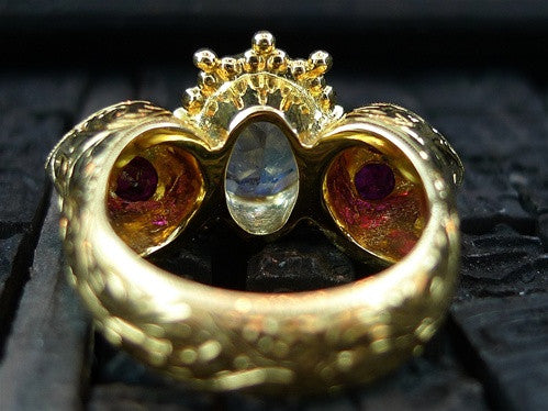 Paula Crevoshay  Rainbow Blue Moonstone and  Burmese Ruby Ring in 18K Yellow Gold