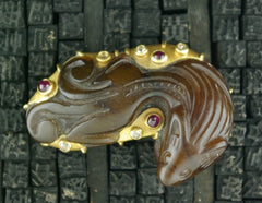 Paola Ferro Antique Carved Brown Jade Mongoose Clasp/Pin With Rubies and Diamonds in 18K Yellow Gold