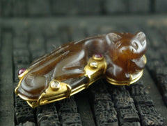 Paola Ferro Antique Carved Brown Jade Mongoose Clasp/Pin With Rubies and Diamonds in 18K Yellow Gold