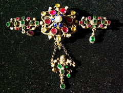 Georgian Period Bar Pin/Brooch from Austria set with Tzavorite Garnets, Tourmaline and Pearls