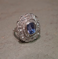 Late Edwardian Ceylon Sapphire and Diamond Ring  in 18K White Gold