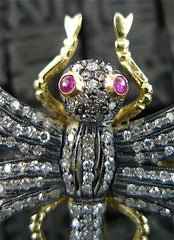 Estate Diamond and Ruby Dragonfly Brooch/Pin in Yellow Gold and Silver