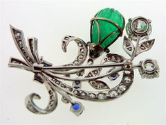 Art Nouveau Emerald, Sapphire and Diamond Brooch