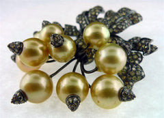 Golden South Sea Pearl "Radishes" Brooch with Champagne Diamonds in 18K Rhodium Blackened Gold