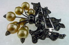 Golden South Sea Pearl "Radishes" Brooch with Champagne Diamonds in 18K Rhodium Blackened Gold