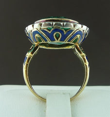 Antique Emerald Ring in Enameled 18K Yellow Gold with Diamond Surround