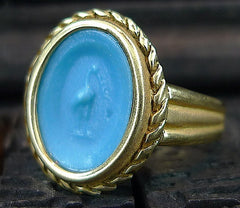 Estate Turquoise Faience Ring 18K Yellow Gold