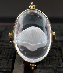 Paula Crevoshay Quartz Reverse Intaglio and Aquamarine Shell Motif Ring in 18K Yellow Gold