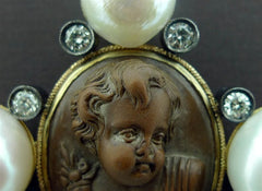 Venetian Volcanic Lava Cameo Diamond and Pearl Pendant with 18K Gold Chain