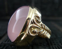 Estate Large Cabochon Pink Quartz Ring 18K Yellow Gold