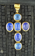 Robert Goossens Cross Pendant with Blue Cabochon Stones in 24K Yellow Gold Vermeil