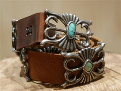 Adrienne Teegarden Southwestern Reproduction Navajo Concho Belt with Sand Cast Conchos Inlaid with Turquoise by TeeGarden