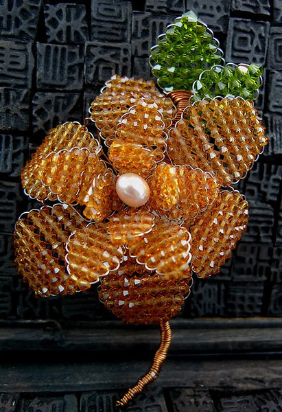 Mindy Lam Apricot Swarovski Crystal Flower Brooch