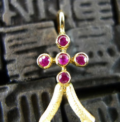 Pade Vavra White Faceted Topaz and Ruby Cross Earring 18K Yellow Gold