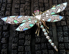 Art Nouveau Opal and Diamond Dragonfly Brooch in 18K Yellow Gold and Silver