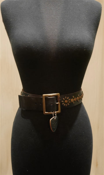 Hollywood Trading Company Turquoise and Gold Jeweled Brown Leather Belt