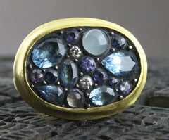 Yossi Harari Blue Mosaic Sara Ring wtih Sapphires, Diamonds in 24K Gold and Gilver