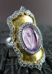 Sevan Bicakci  Carved Theodora Ring in 24K Yellow Gold, Silver, Amethyst, and Diamonds