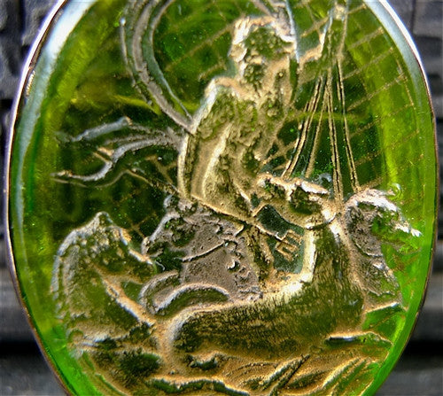 Antique Venetian Peridot Green Glass Cameo Pendant or Brooch in Yellow Gold