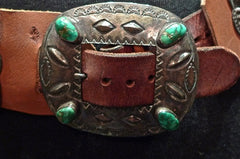 Old Navajo Sterling Silver Concho Belt with Turquoise on New Leather