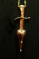 Mine 18K Yellow Gold Skull with Diamond Eyes Necklace and Sword Through Heart