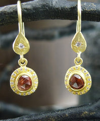 Annie Fensterstock 18K Yellow Gold, Orange Sapphire and Diamond Earrings
