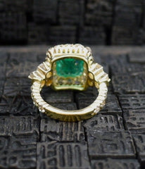 Circa 1890 Cushion Shaped Emerald and Diamond Ring in 18K Yellow Gold