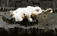 Lucifer Vir Honestus 18K Rose Gold and Carved Bone Frog Pendant/Brooch with Diamond Eyes