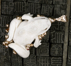 Lucifer Vir Honestus 18K Rose Gold and Carved Bone Frog Pendant/Brooch with Diamond Eyes