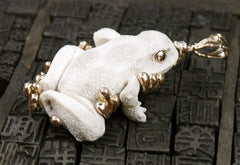 Lucifer Vir Honestus 18K Rose Gold and Carved Bone Frog Pendant/Brooch with Diamond Eyes