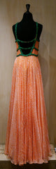 Jenny Packham Peach/White Gingham Check Silk and Green Sequined Gown