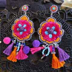 Roni Blanshay Chandelier Earring with Tassels and PomPoms