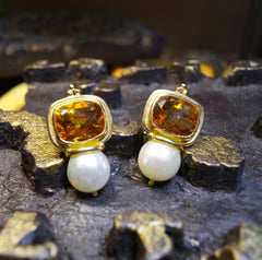 Estate 18K Yellow Gold,  Madeira Citrine, and Pearl Earring