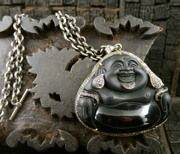Jolie Altman Carved Obsidian Buddha Necklace in Sterling, 18K Gold, and Diamonds. One of a Kind