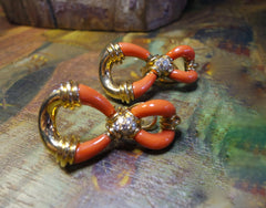 Estate 18K Yellow Gold, Coral and Diamond Doorknocker Earrings