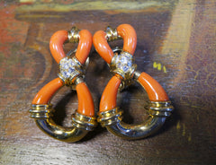 Estate 18K Yellow Gold, Coral and Diamond Doorknocker Earrings