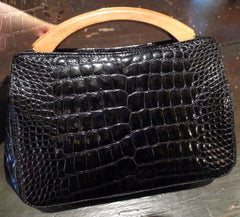 Black Alligator Handbag with Wood Handle