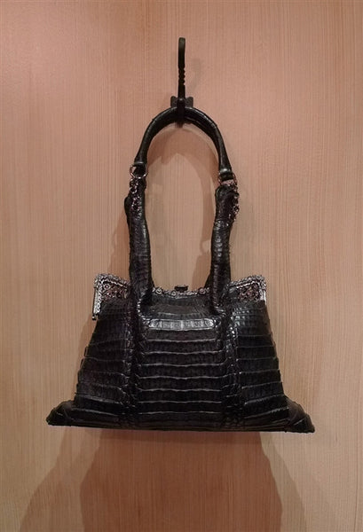 Clara Kasavina Black Crocodile Purse with Crystal Mesh and Frame. Bag  measures approximately 12 at top to 17 at bottom. Shoulder straps are  also embellished with chains and measure approximately 12 in