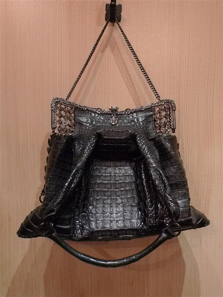 Clara Kasavina Black Crocodile Purse with Crystal Mesh and Frame. Bag  measures approximately 12 at top to 17 at bottom. Shoulder straps are  also embellished with chains and measure approximately 12 in