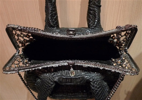 Clara Kasavina Black Crocodile Purse with Crystal Mesh and Frame. Bag  measures approximately 12 at top to 17 at bottom. Shoulder straps are  also embellished with chains and measure approximately 12 in